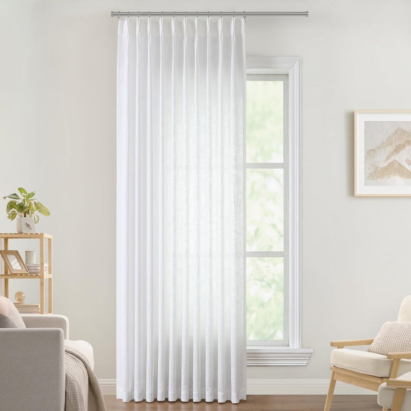 Vision Home White Pinch Pleated Semi Sheer Curtains Textured Light Filtering Window Curtains 112 inch for Living Room Bedroom Patio Rayon Blended Pinch Pleat Drapes with Hooks 1 Panel 60"" Wx112 L - Image 1